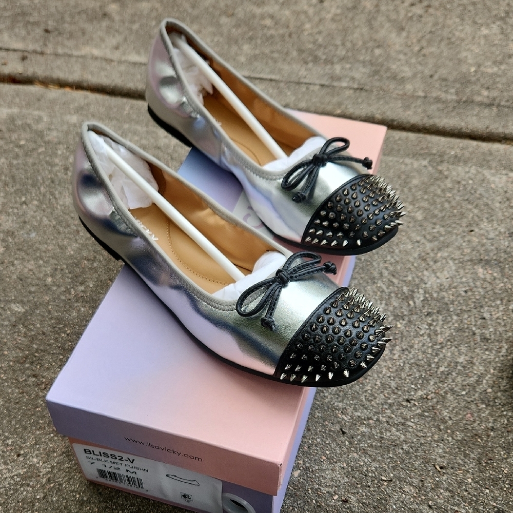 Silver and Black Polka Dot Flats with Bow Detail